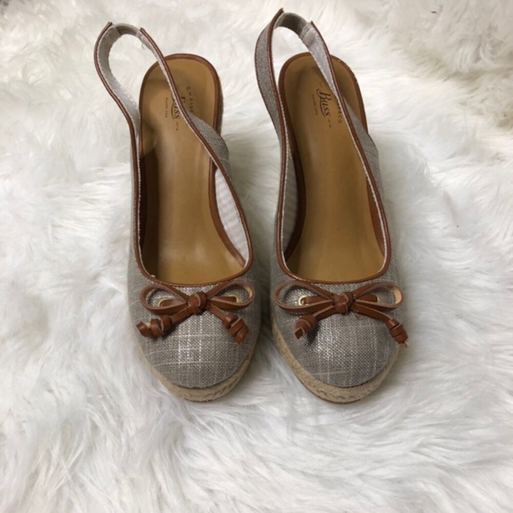 G.H. Bass Espadrille Wedge Sandals Women 8.5 Grey Metallic Brown Leather Bow